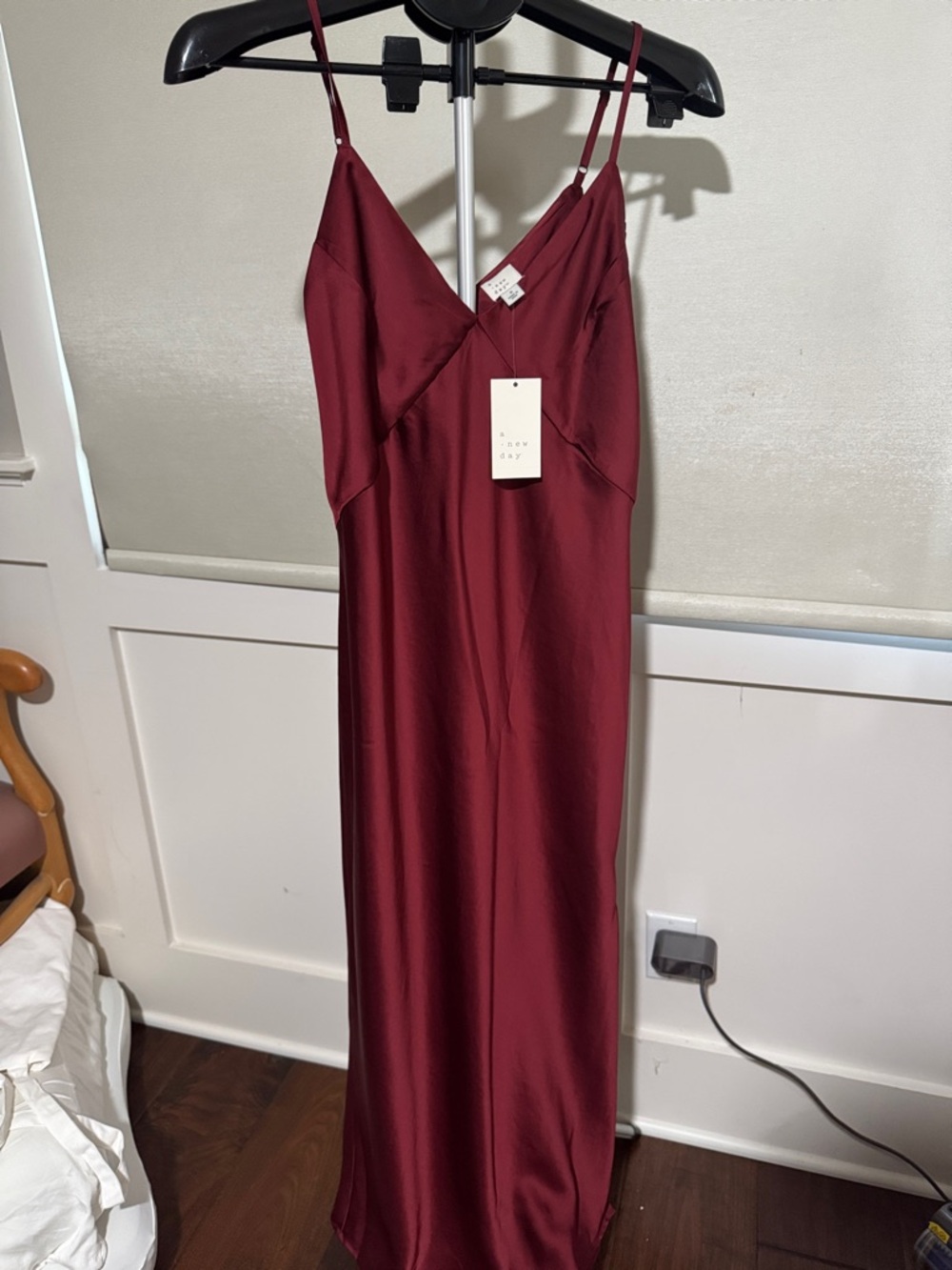 a new day Burgundy Satin Slip Midi Dress